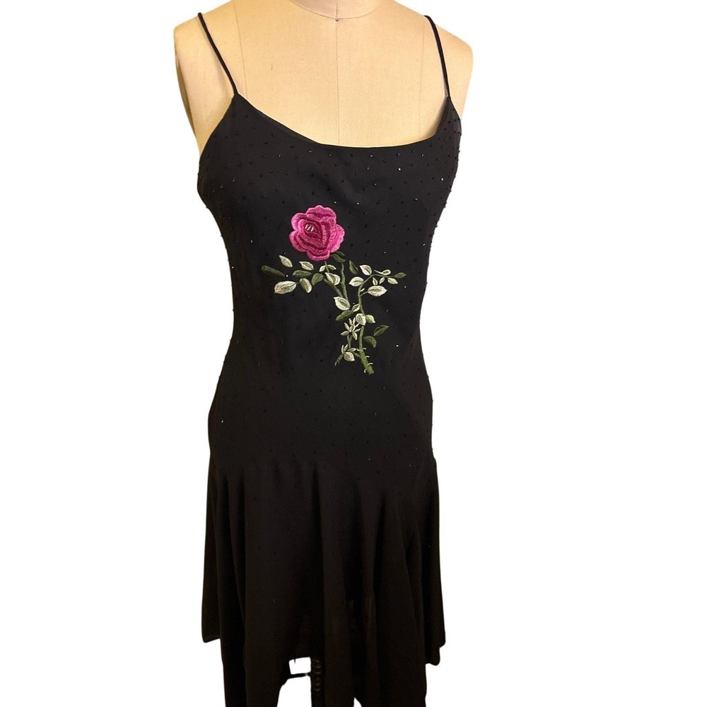 Y2K Vintage Fairy Style Black Embroidered Rose beaded Hanky Hem Dress